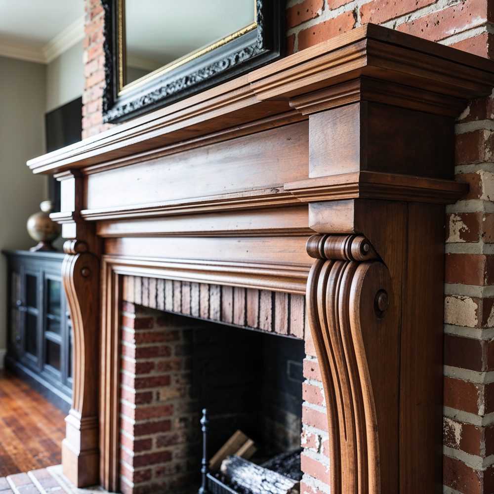 Fireplace mantel before renovation - dated wood mantel