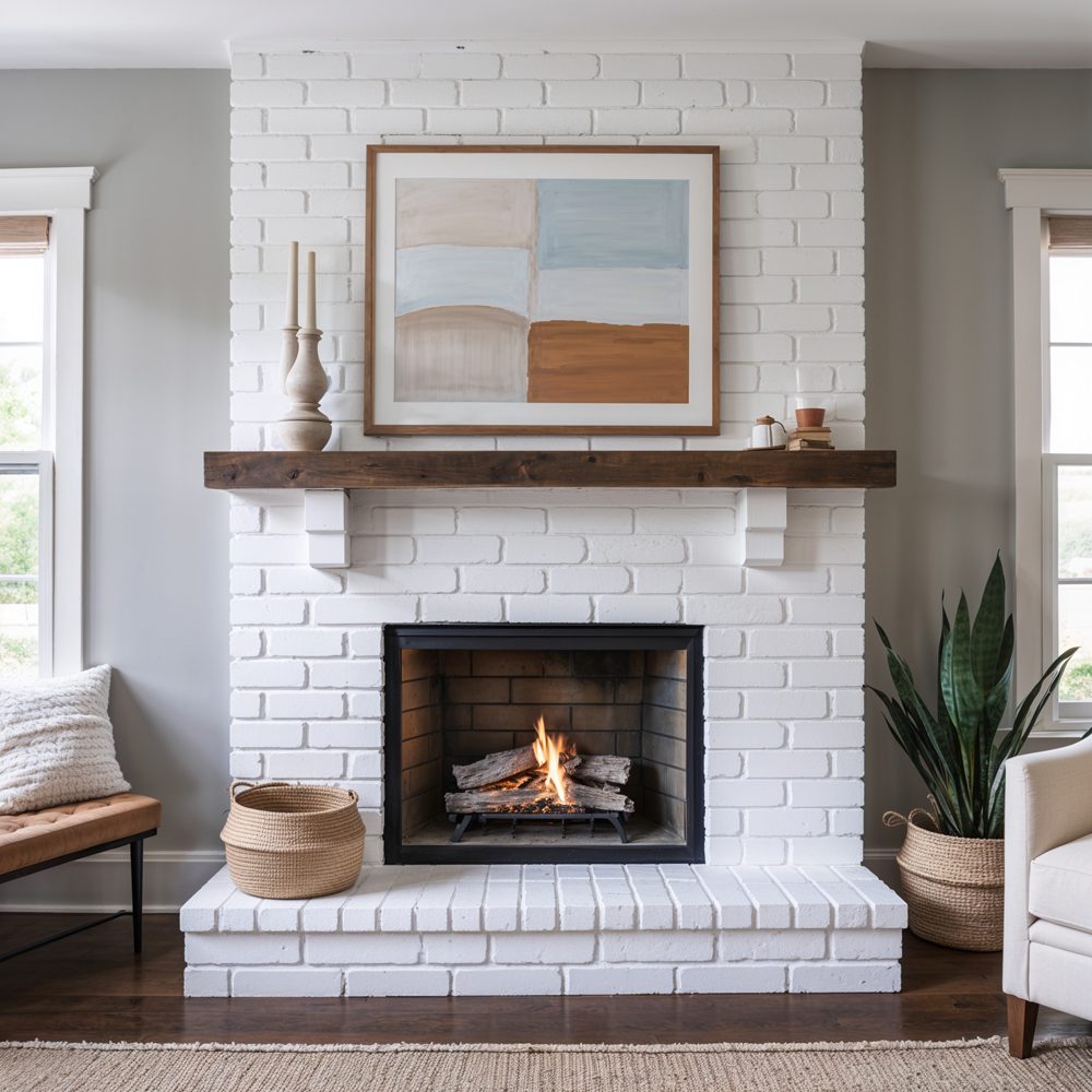 Painted brick fireplace makeover transformation