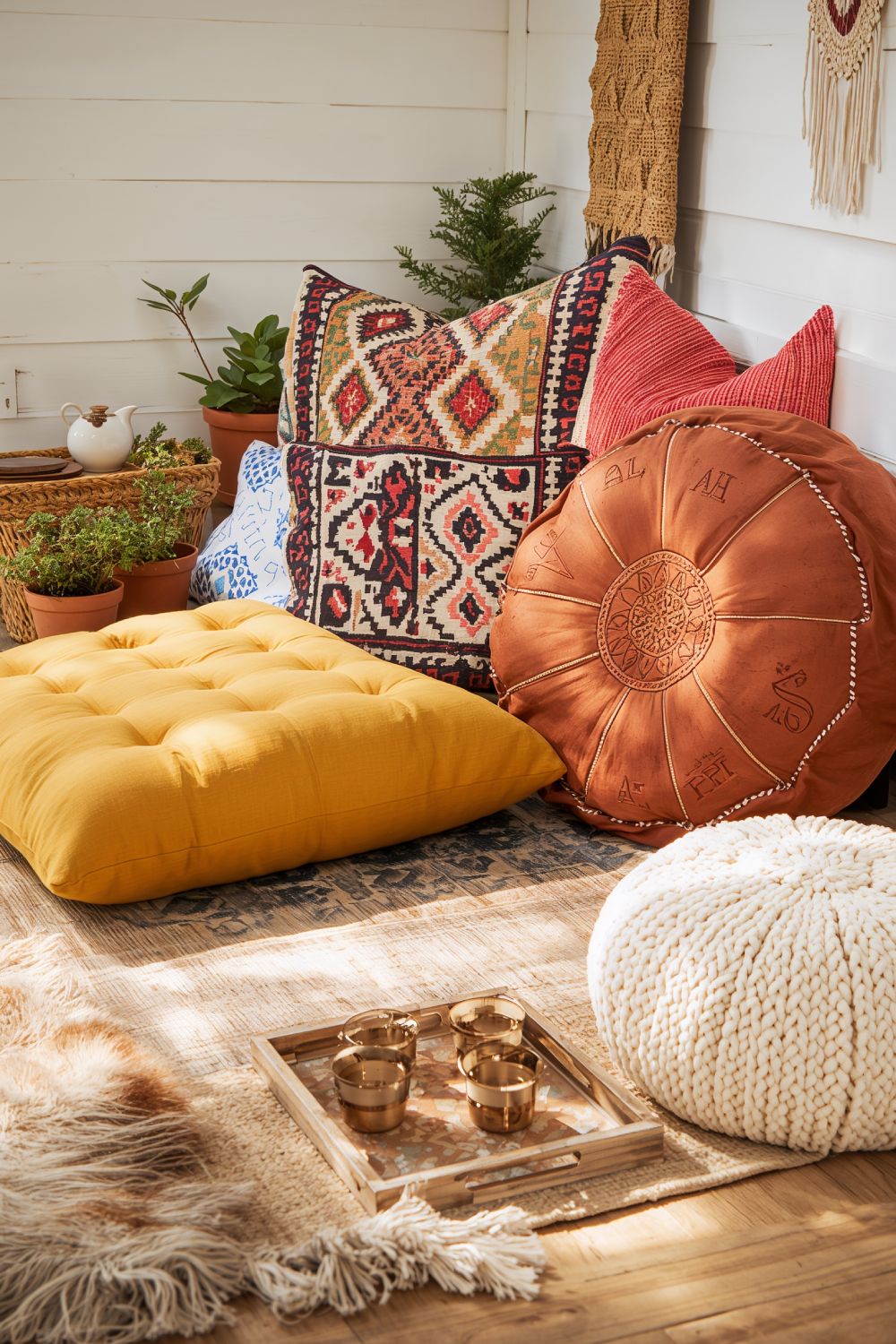 Floor Cushions And Poufs For Boho Porch Seating