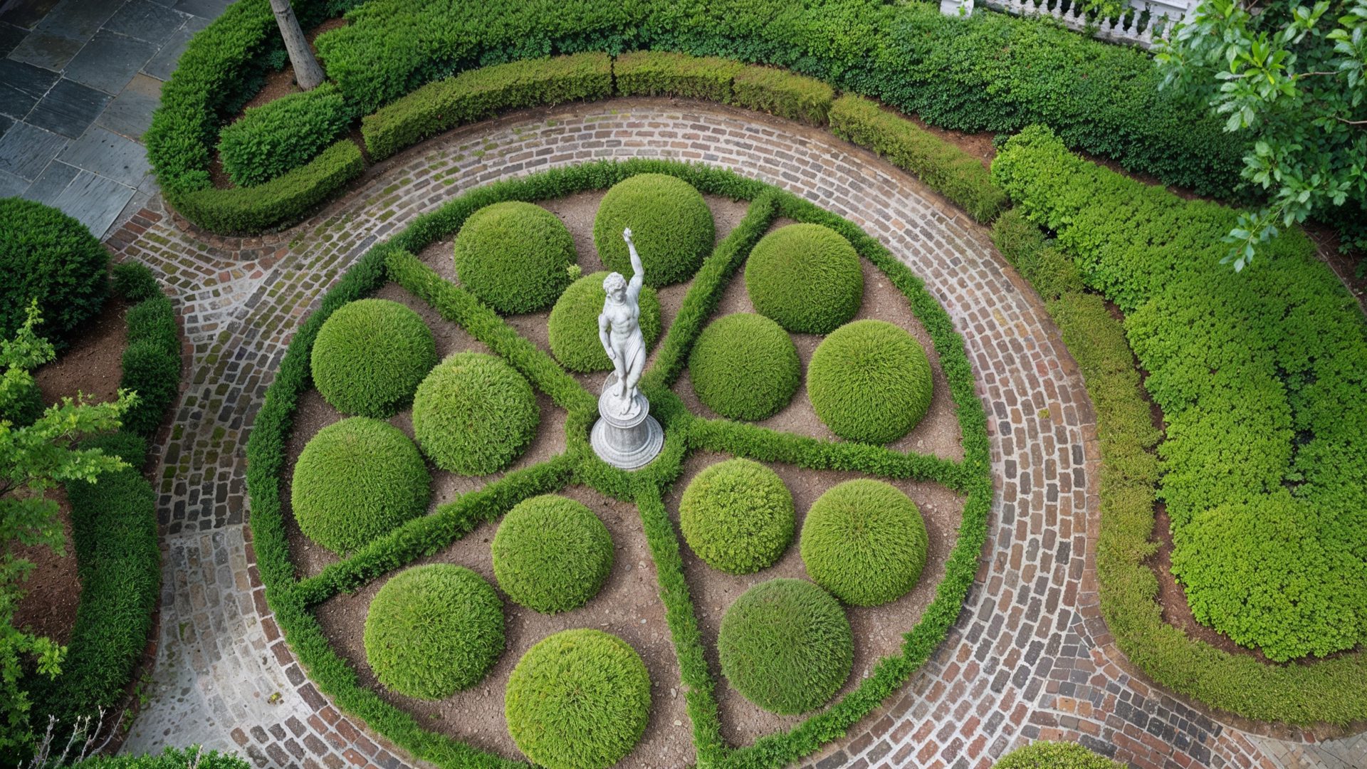 Formal Circular Garden With Classical Statue In Charleston Estat
