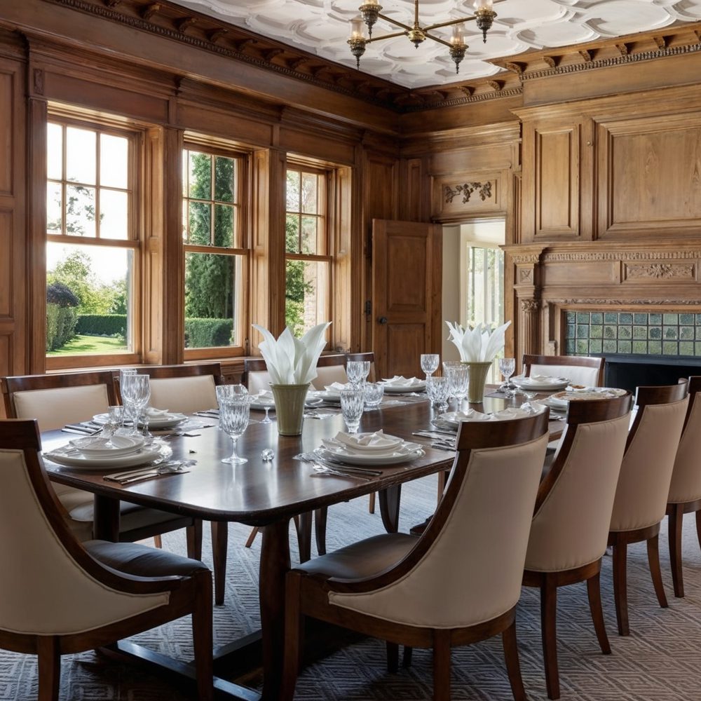 06 formal dining room with coffered ceiling and grand fireplace