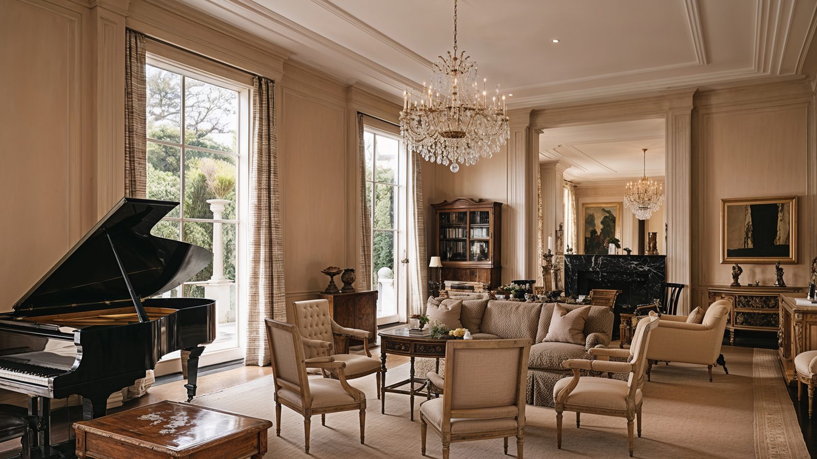 Formal Living Room With Grand Piano And Antique Furnishings