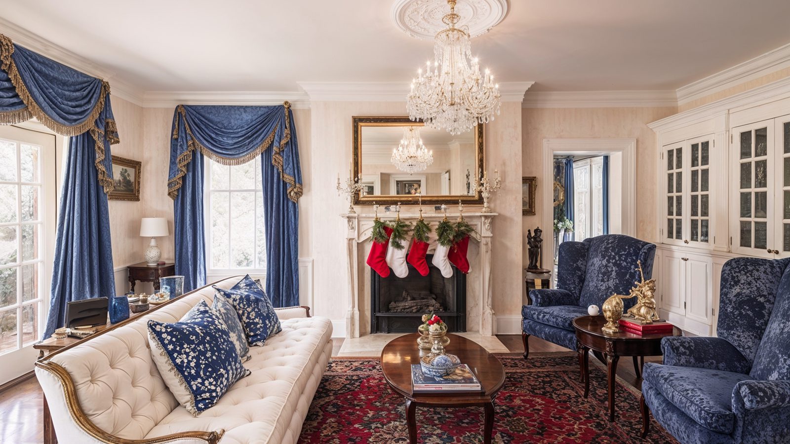 Formal Living Room With Regal Blue & Gold Accents