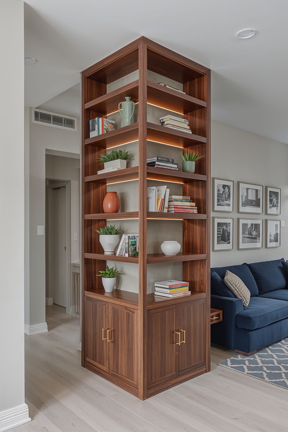 Functional Pillar Design With Built In Shelving And Storage