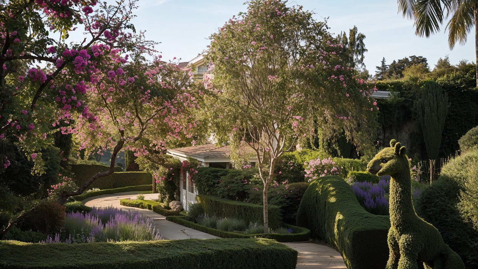 Garden Pathway With Topiary Art And Seasonal Blossoms