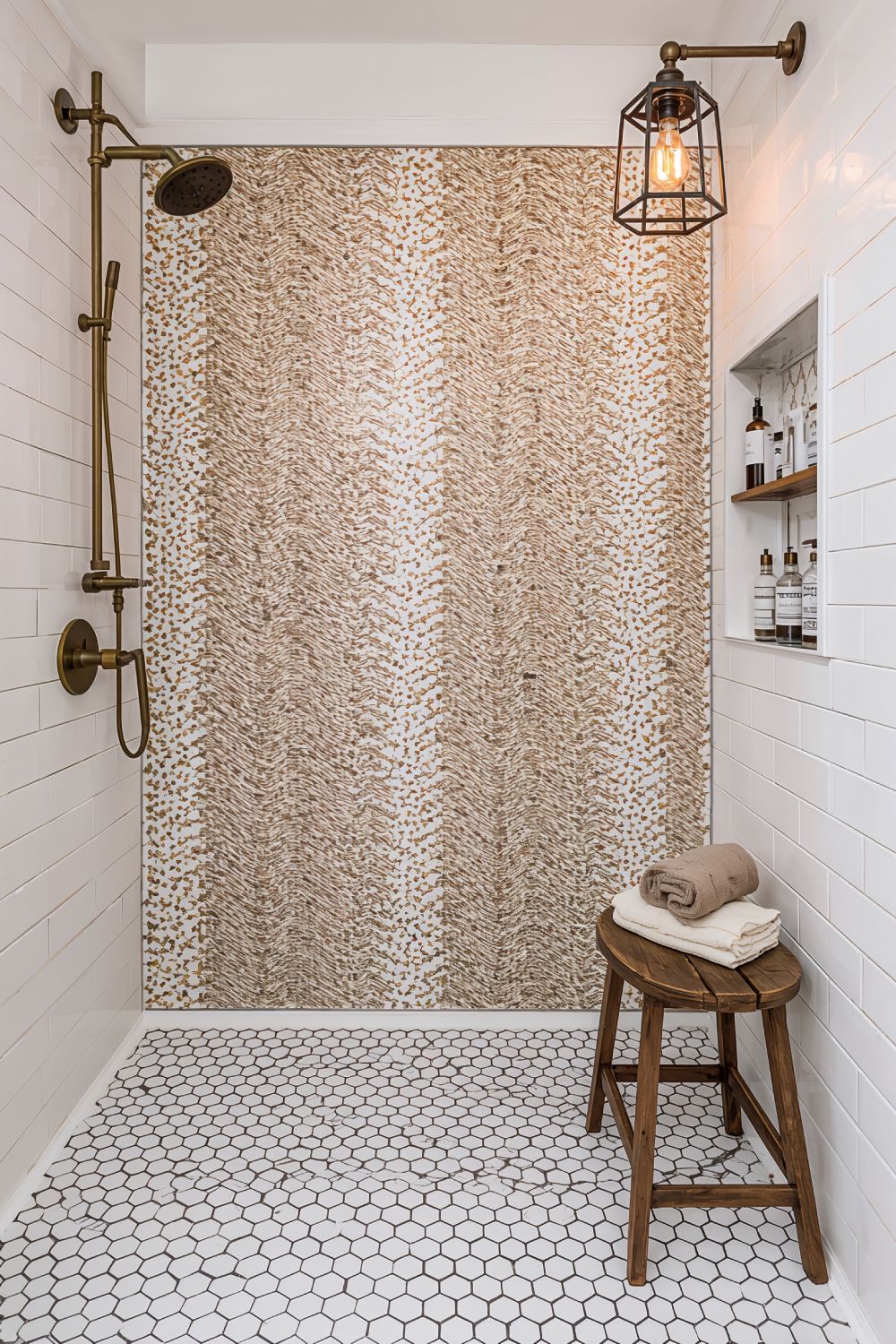Geometric Farmhouse Shower With Hexagon And Mosaic Patterns