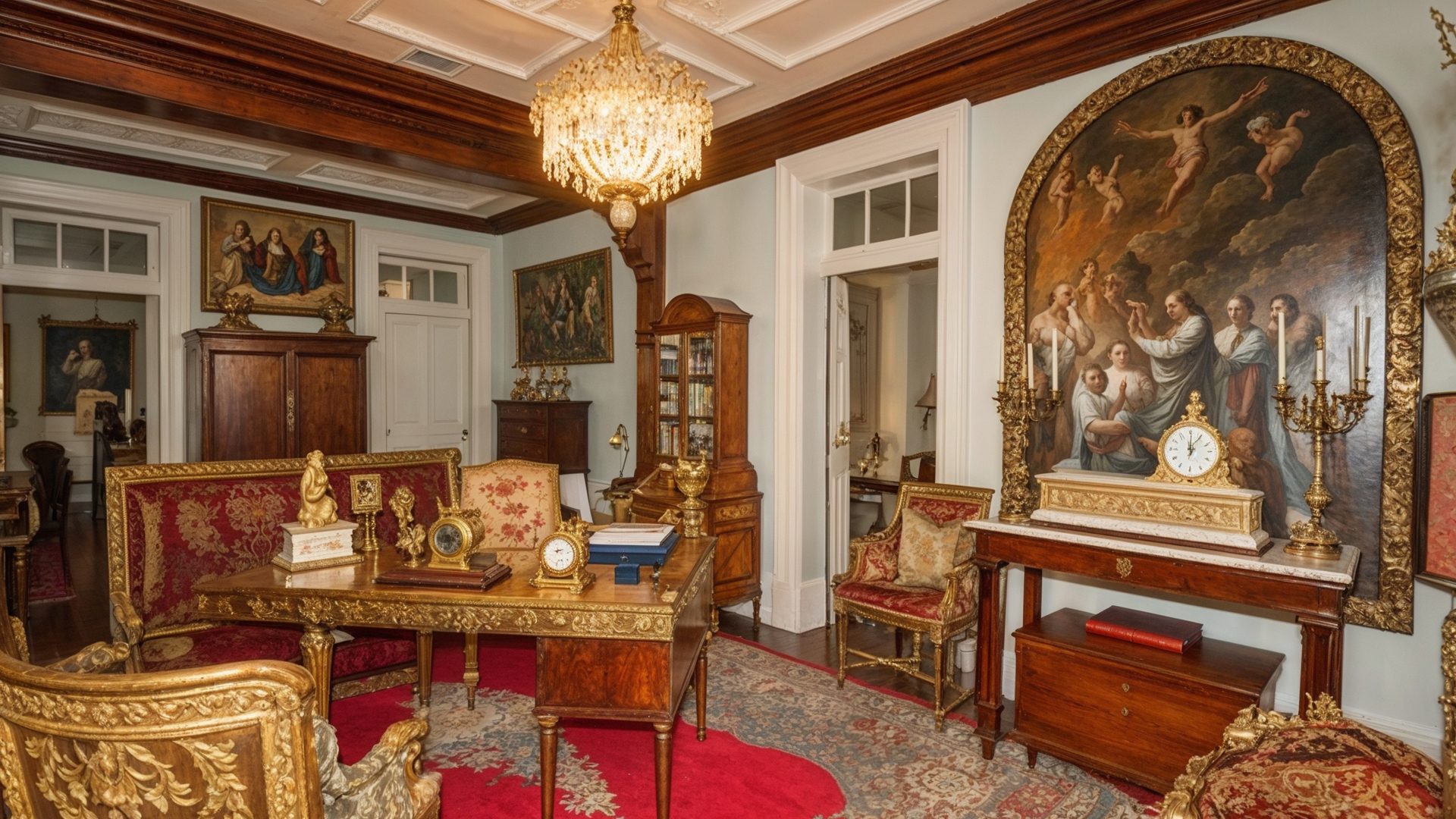 Gilded Desk And Red Carpets In Historic Study Room