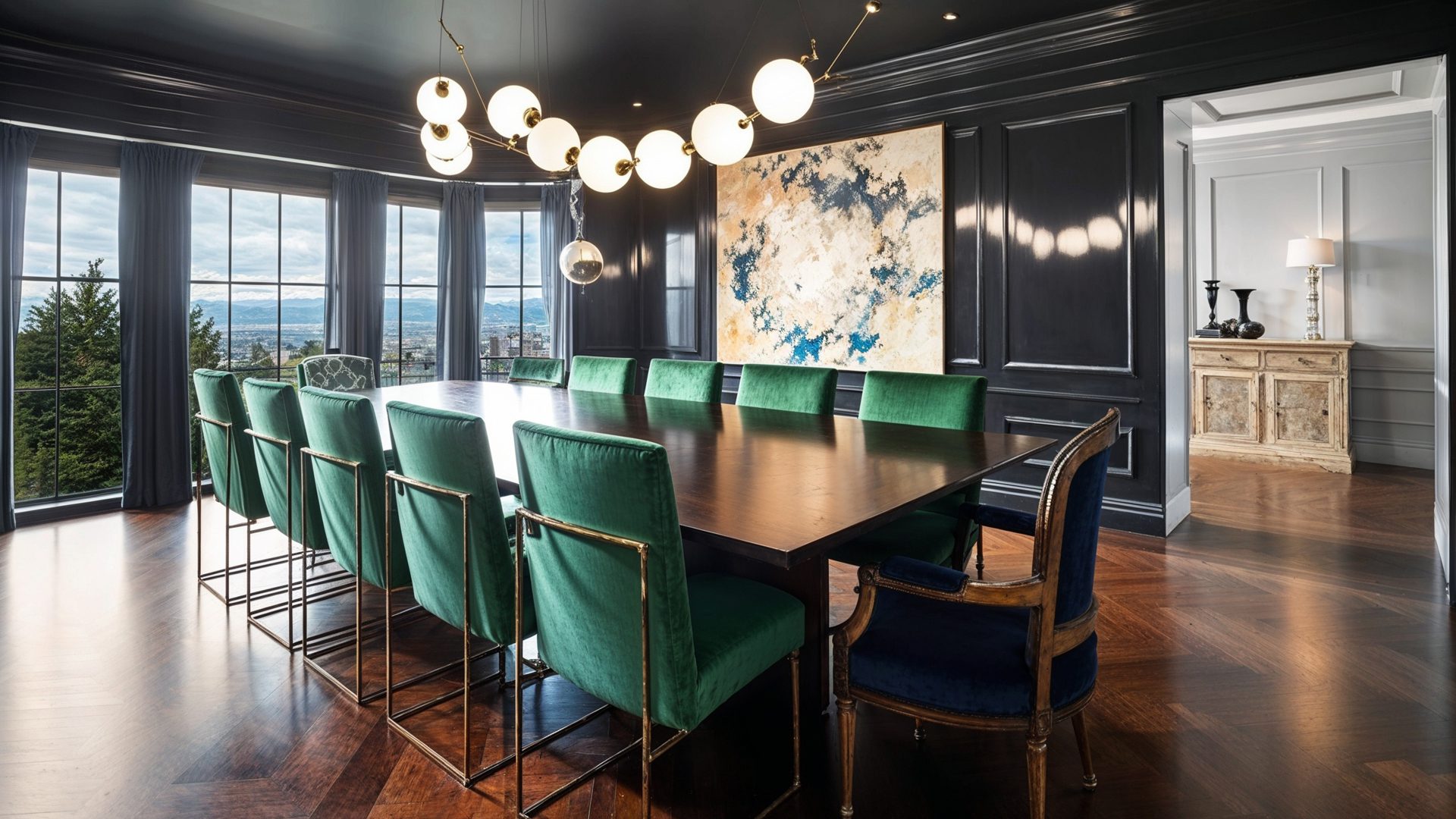Glamorous Formal Dining Room With City Views