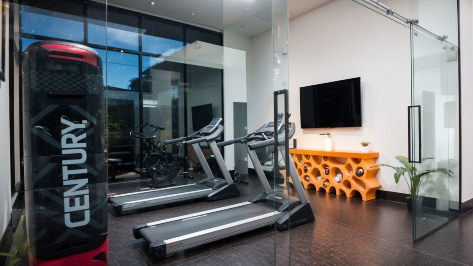 glass encased home gym with professional equipment
