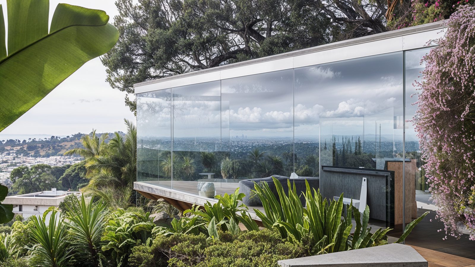 glass enclosed living space surrounded by greenery