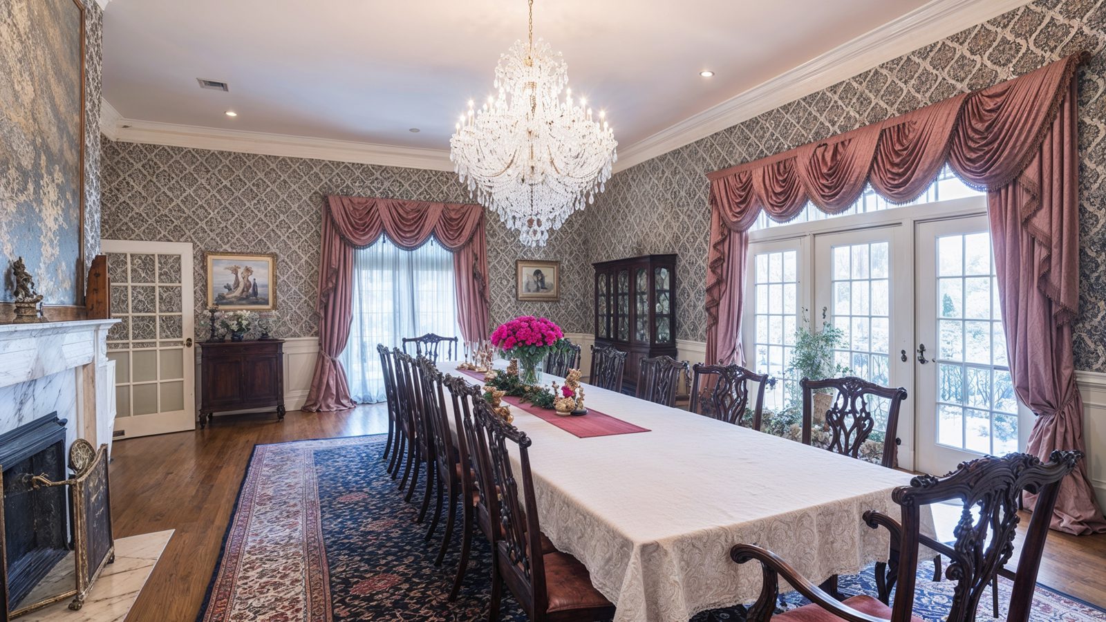 Grand Banquet Style Dining Room With Chandeliers