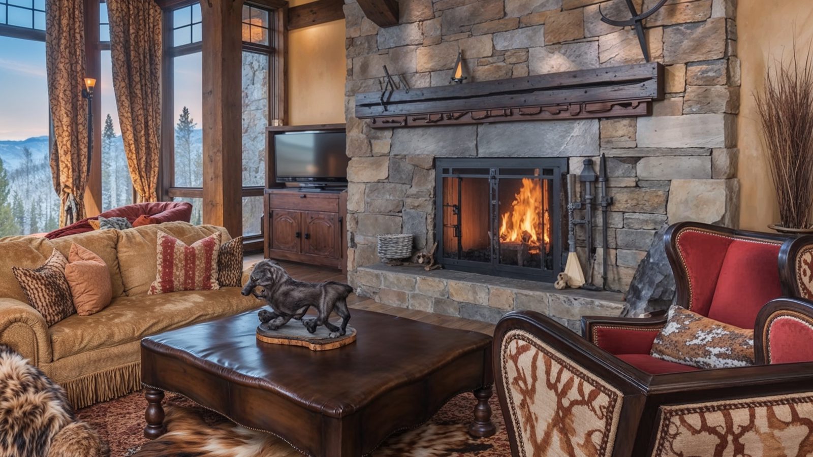 grand fireplace in rustic montana living room
