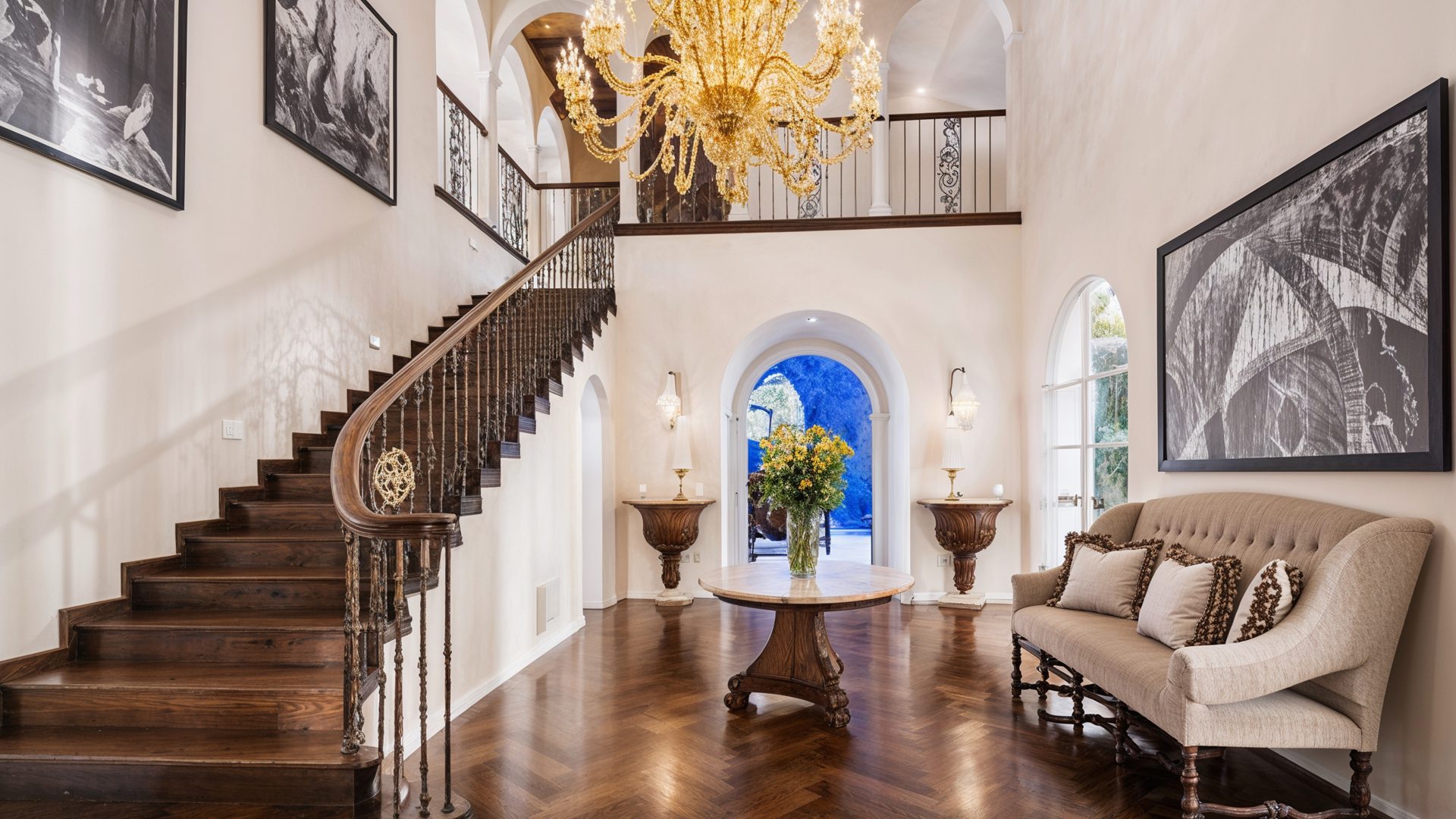 Grand Foyer Curved Staircase Venetian Chandelier