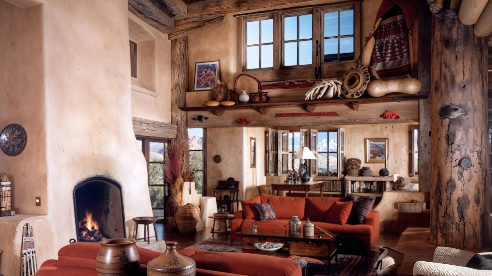 grand living room with log columns and high ceilings
