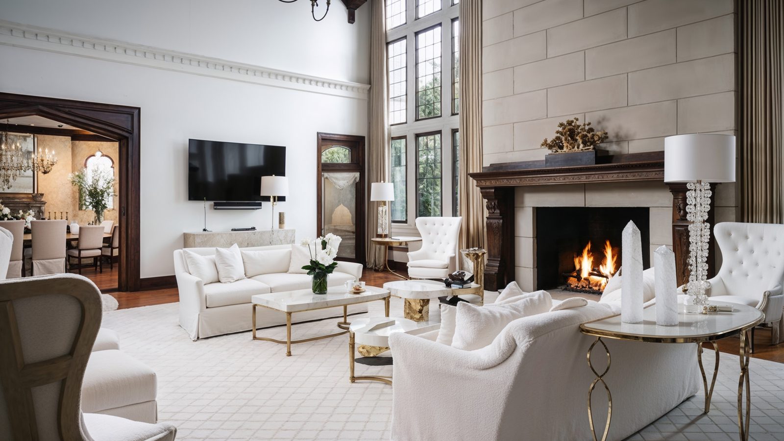 grand living room with vaulted ceilings and majestic fireplace