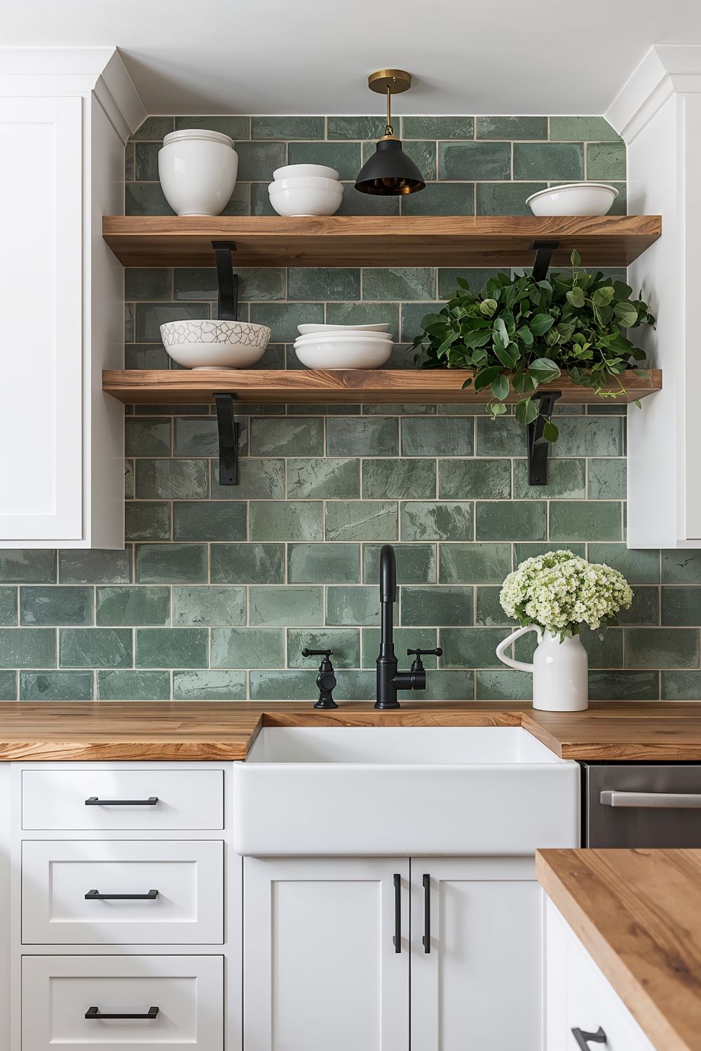 Green Zellige Tile Backsplash For Modern Farmhouse White Kitchen