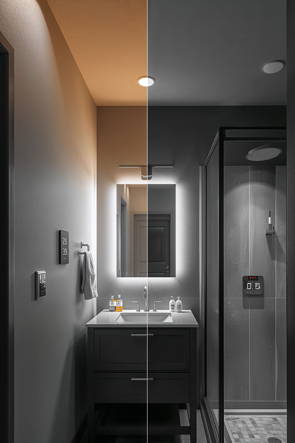 Grey Bathroom Layered Lighting With Kelvin Temperature Zones
