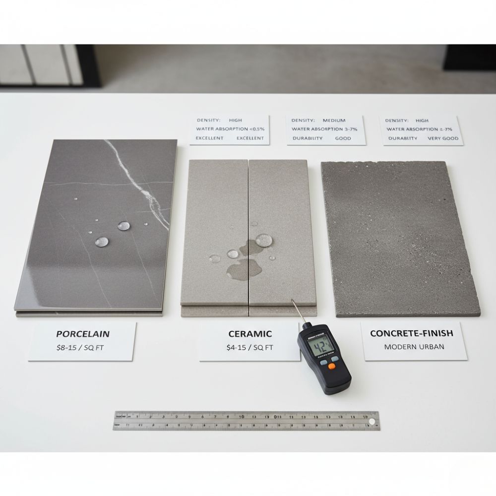 Grey Bathroom Tile Comparison Porcelain Ceramic Concrete