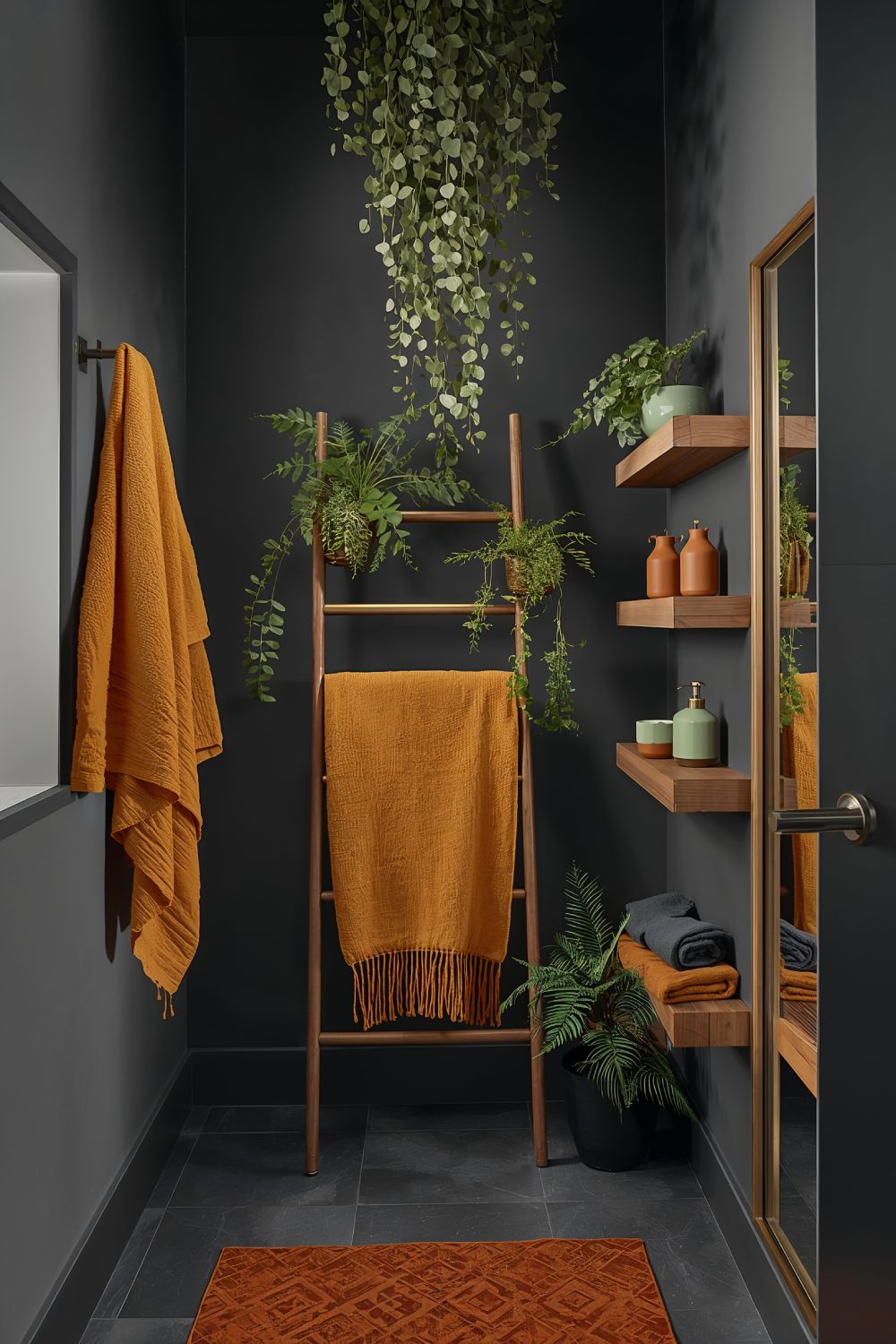 Grey Bathroom With Warm Mustard Yellow Accents And Plants
