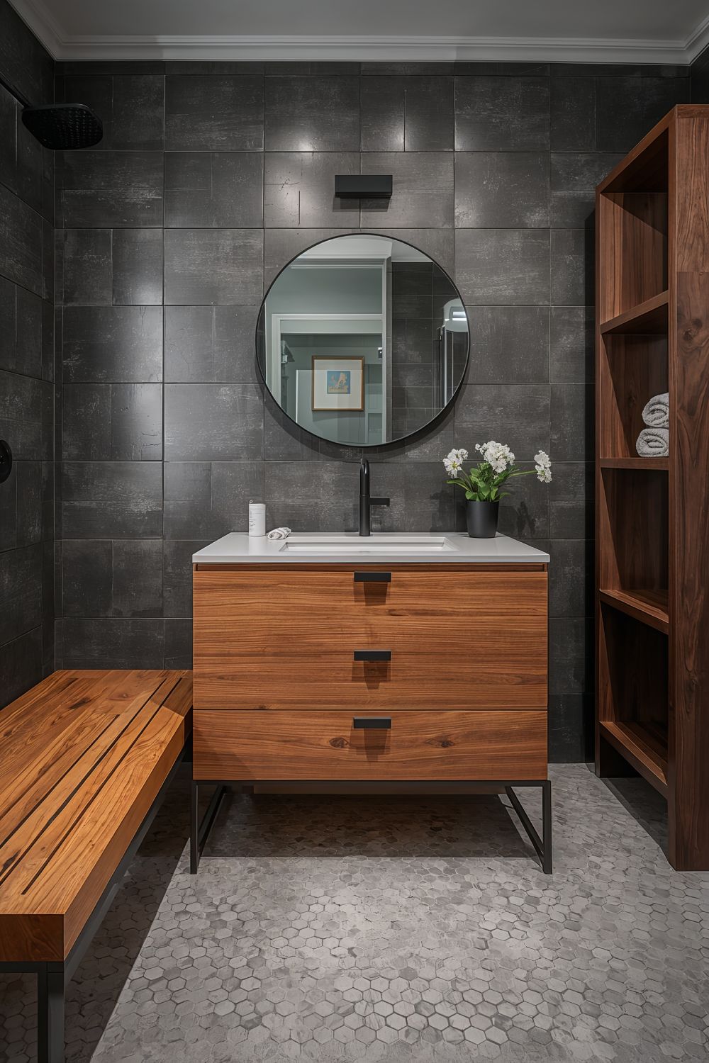 Grey Bathroom With Warm Teak Wood Vanity And Accents