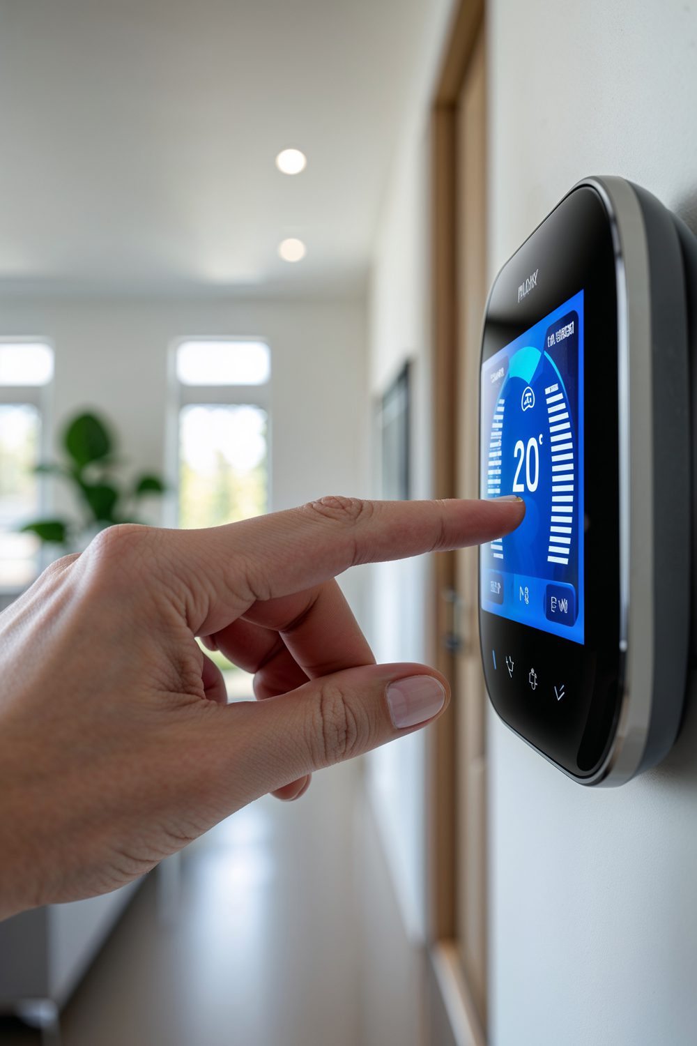 Hand Adjusting A Wall Mounted Smart Thermostat In A Home