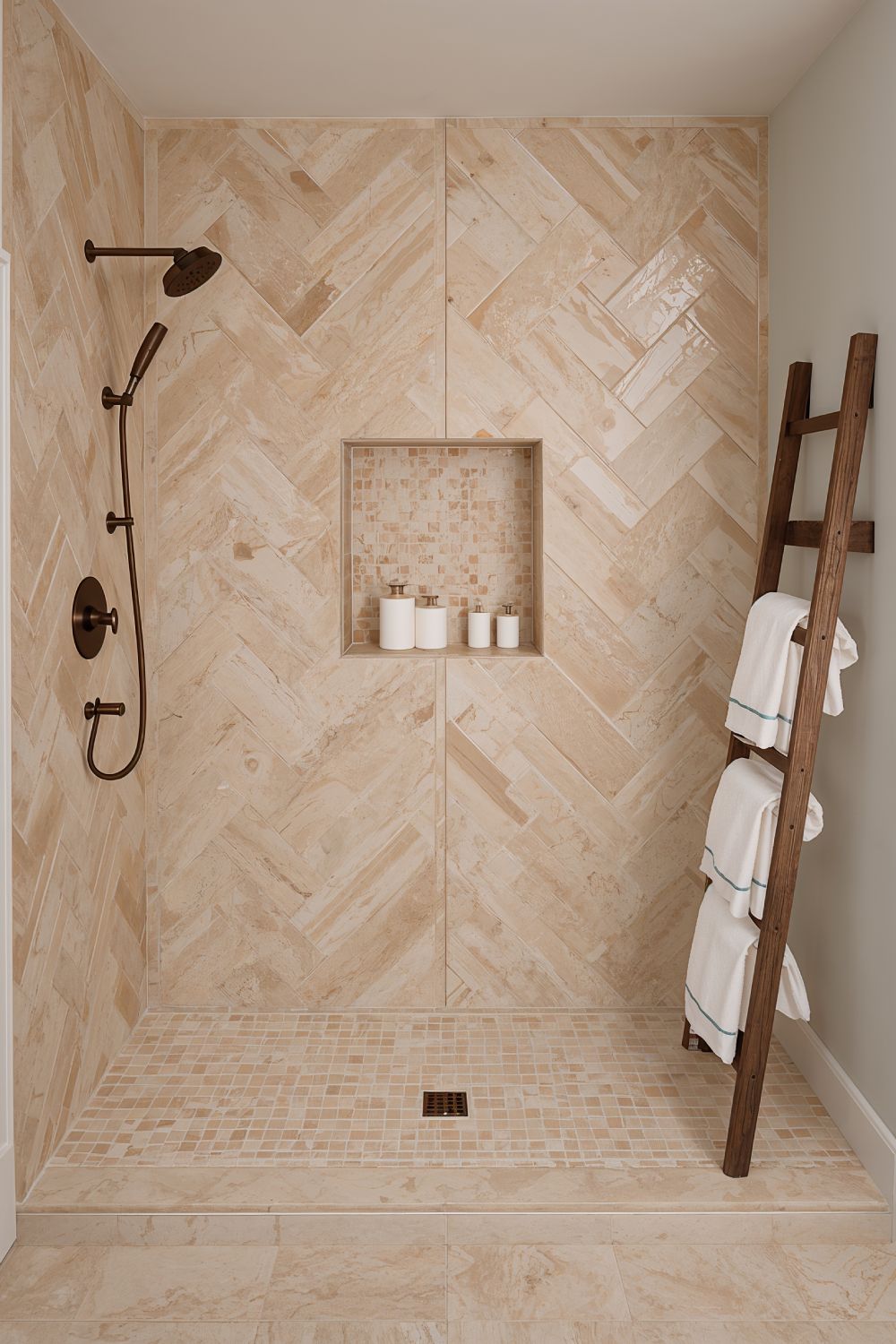 Herringbone Travertine Farmhouse Shower With Natural Stone Texture