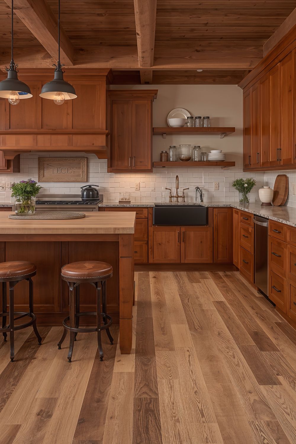 Hickory Wood Floors With Cherry Cabinets In Rustic Farmhouse Kitchen