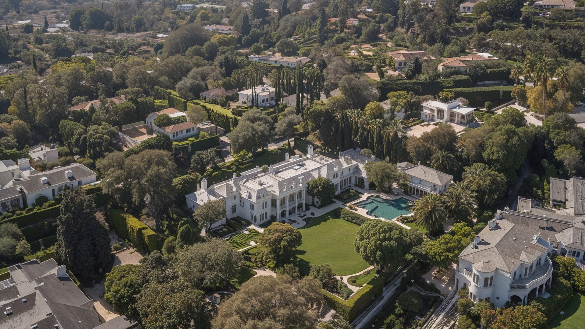 Holmby Hills Neighborhood Aerial Celebrity Mansion Among Bever