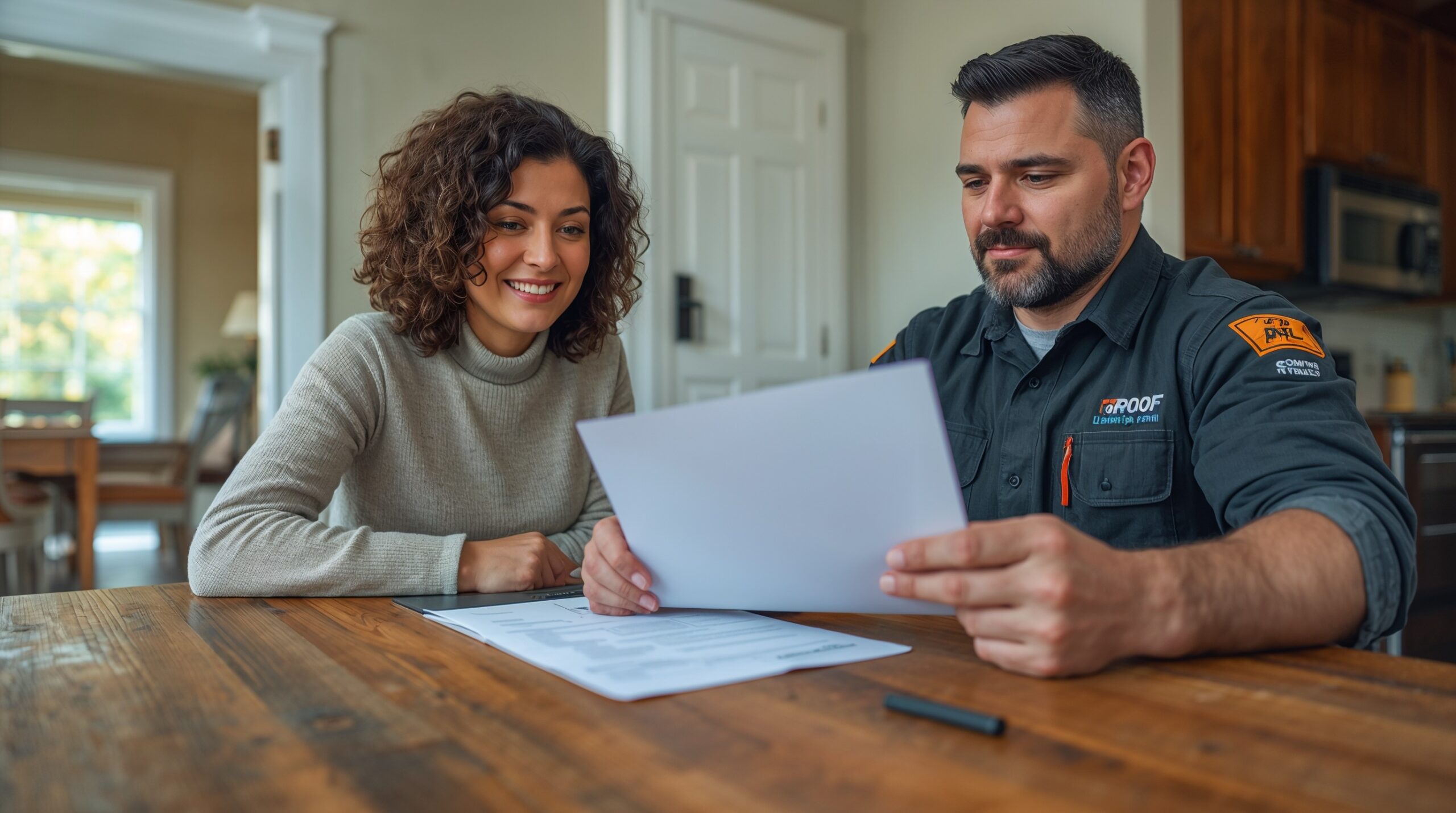 Homeowner With Roofer Reviewing Estimate