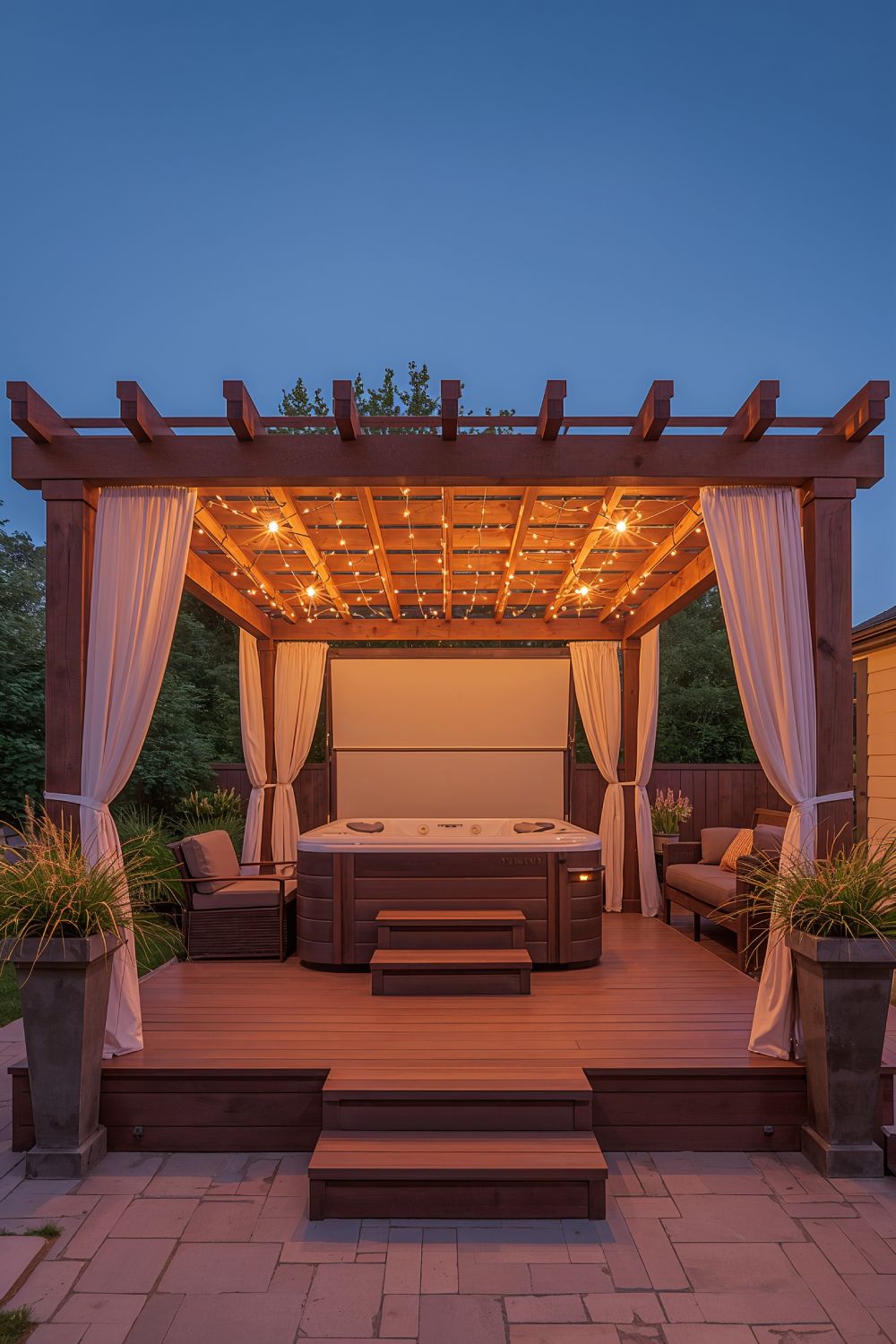Hot Tub Under Beautiful Pergola With String Lights