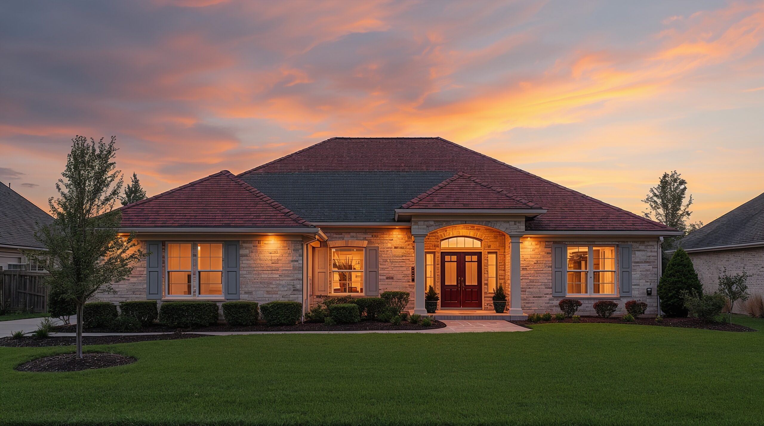 House With New Roof At Sunset