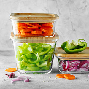 Vegetables in glass containers.