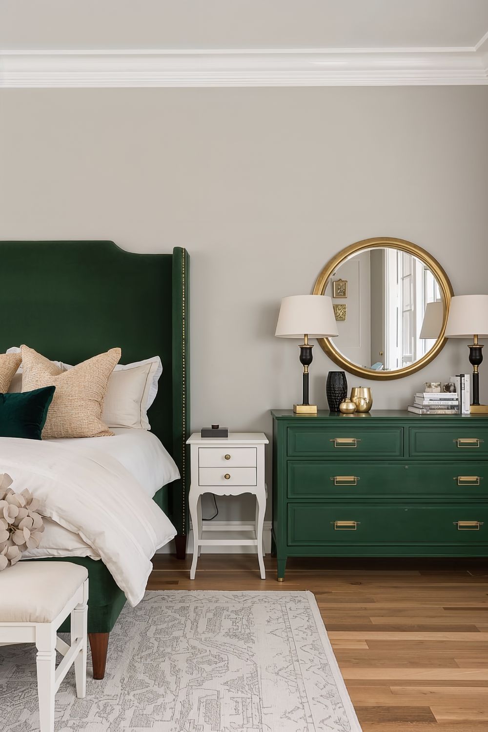 Hunter Green Velvet Headboard And Dresser In Neutral Bedroom