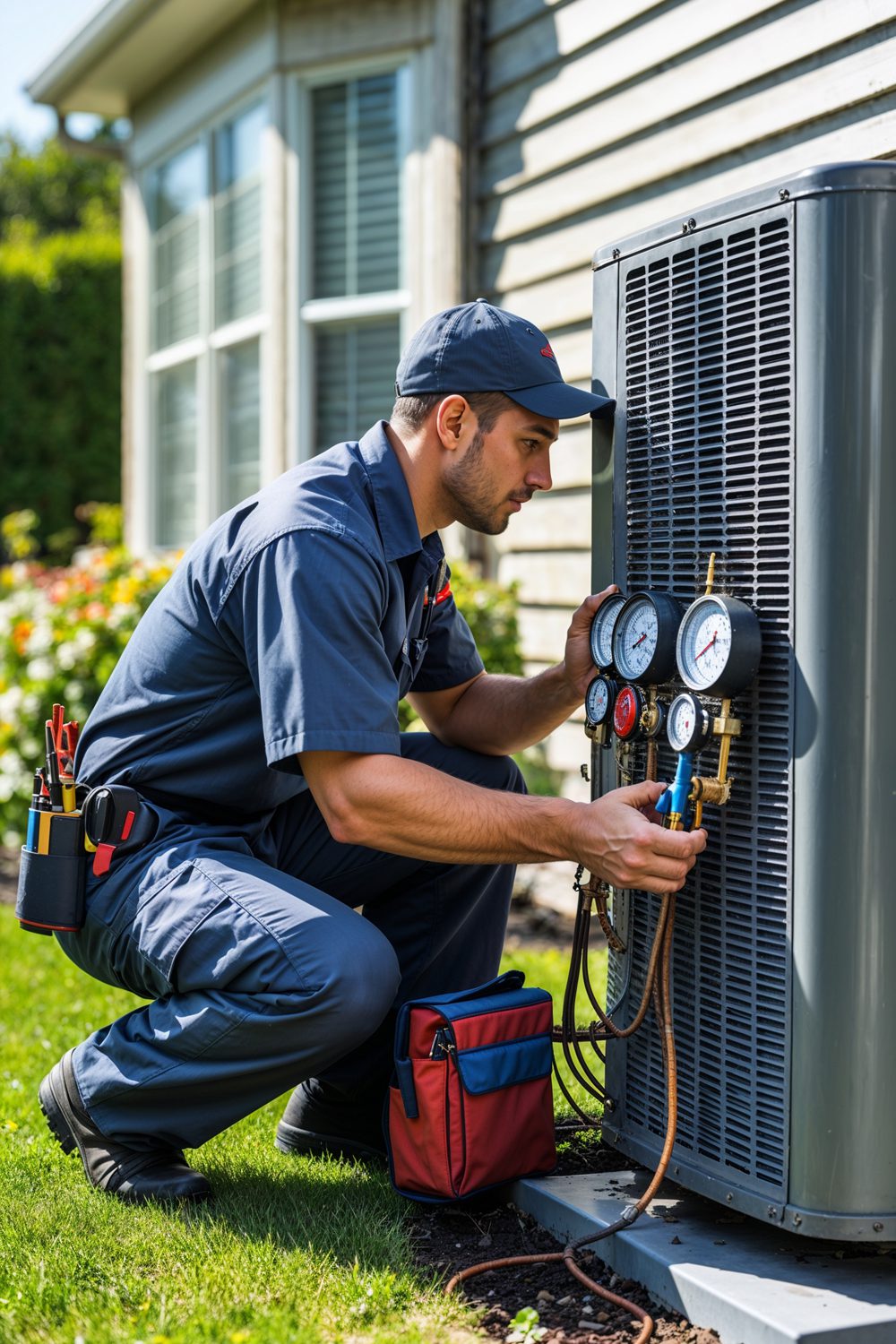 HVAC Technician Performing Routine Maintenance On An Outdoor Uni