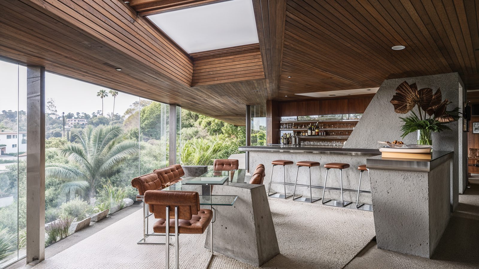 indoor bar with panoramic views in beverly hills house