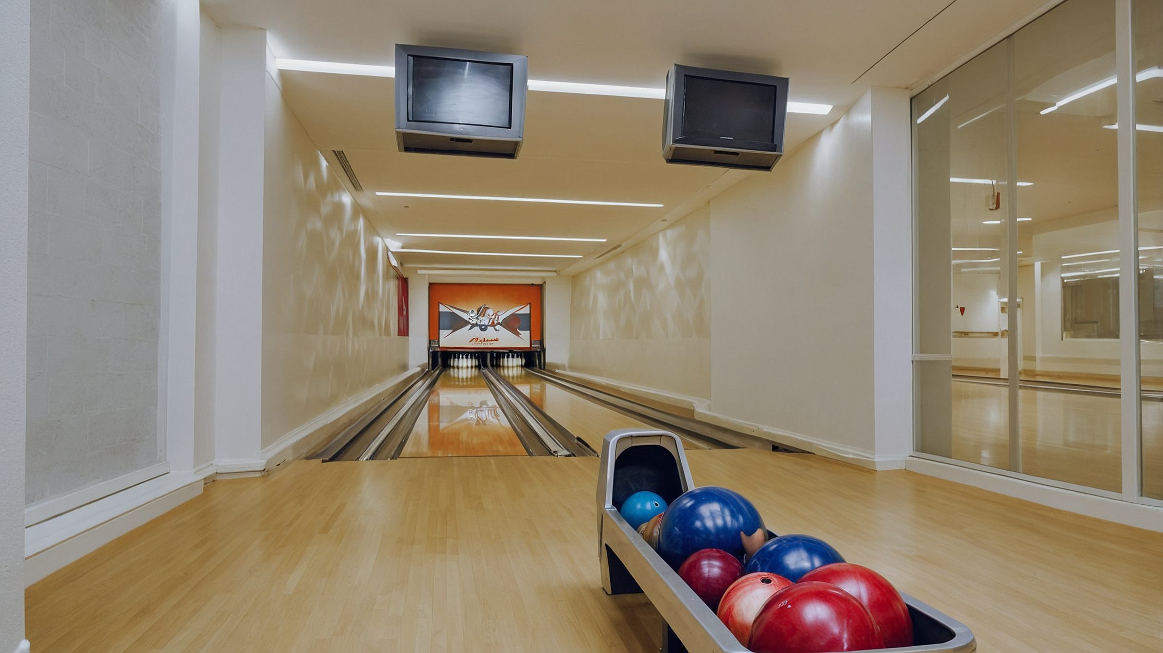 indoor bowling alley with a classic, elegant setup
