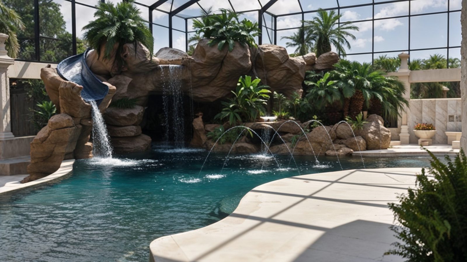 indoor pool with waterfall and slides