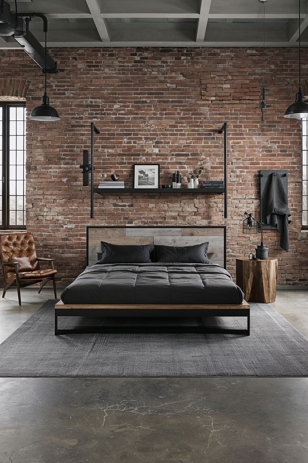 Industrial Men's Bedroom With Metal Bed Frame And Reclaimed Wood
