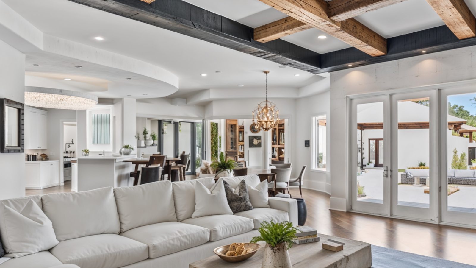 inviting living room with exposed wooden beams
