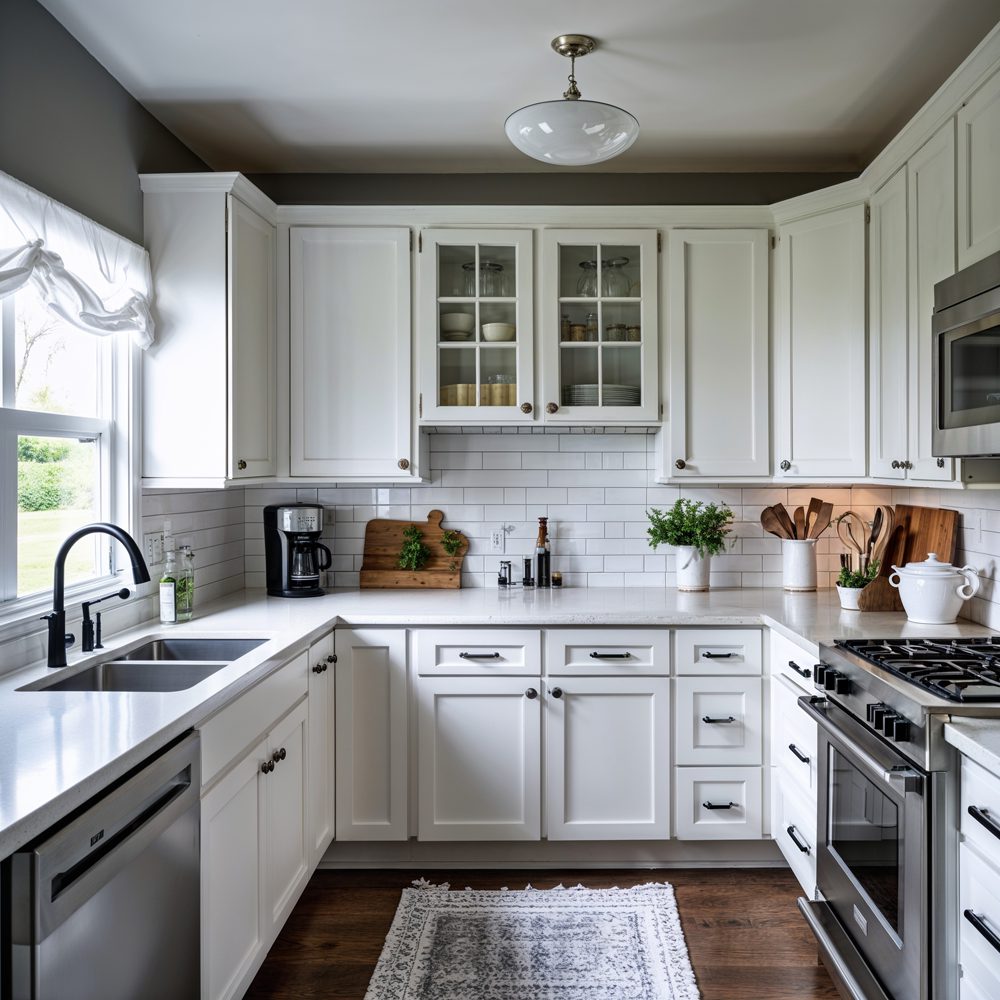 Kitchen after makeover - modern white cabinets with quartz countertops