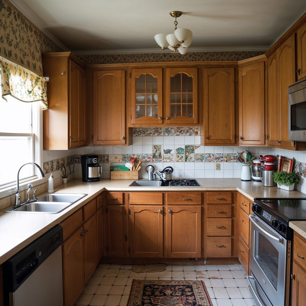 Kitchen before makeover - dated oak cabinets and laminate countertops