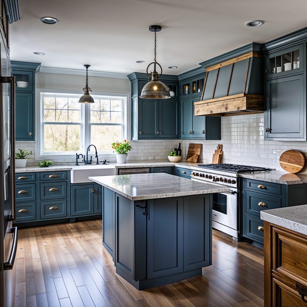Kitchen island area after renovation with pendant lighting