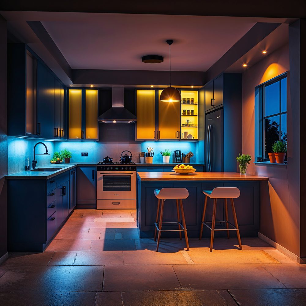 Kitchen lighting at evening showing layered lighting design