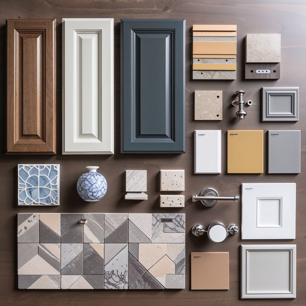 Kitchen materials selection board showing finishes and colors