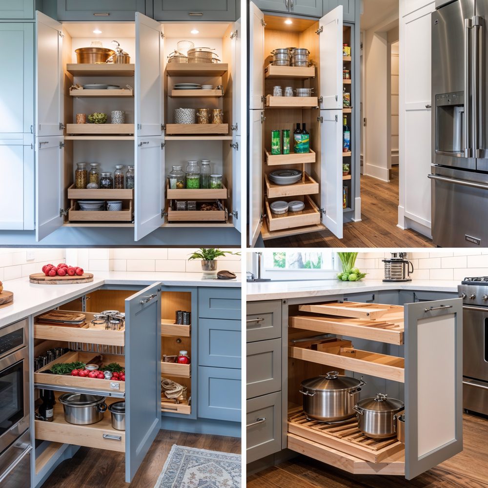 Custom kitchen storage solutions including pull-out drawers and organizers