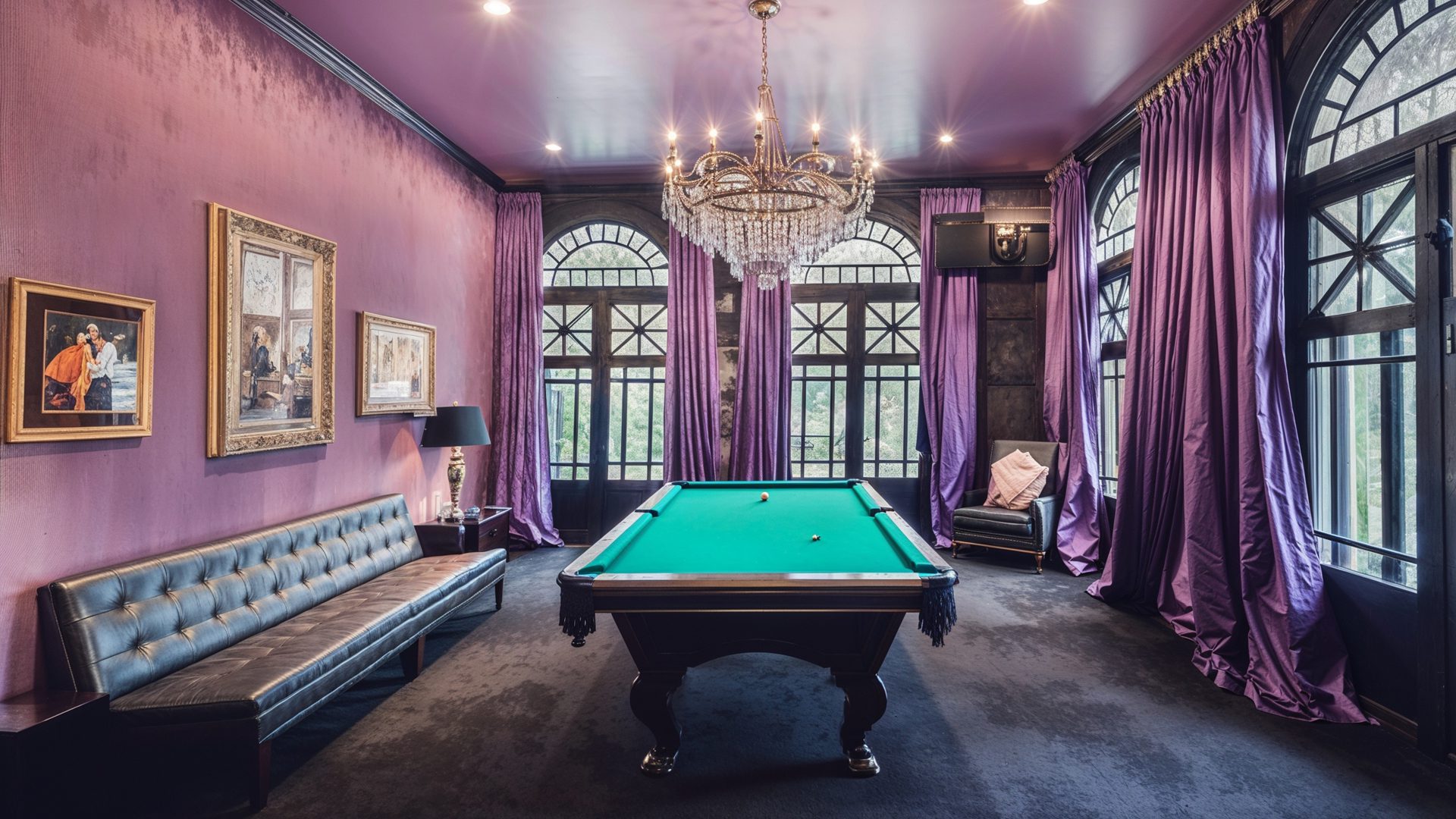 LaLaurie Mansion Billiards Room Purple Walls Pool Table French Quarter Entertainment