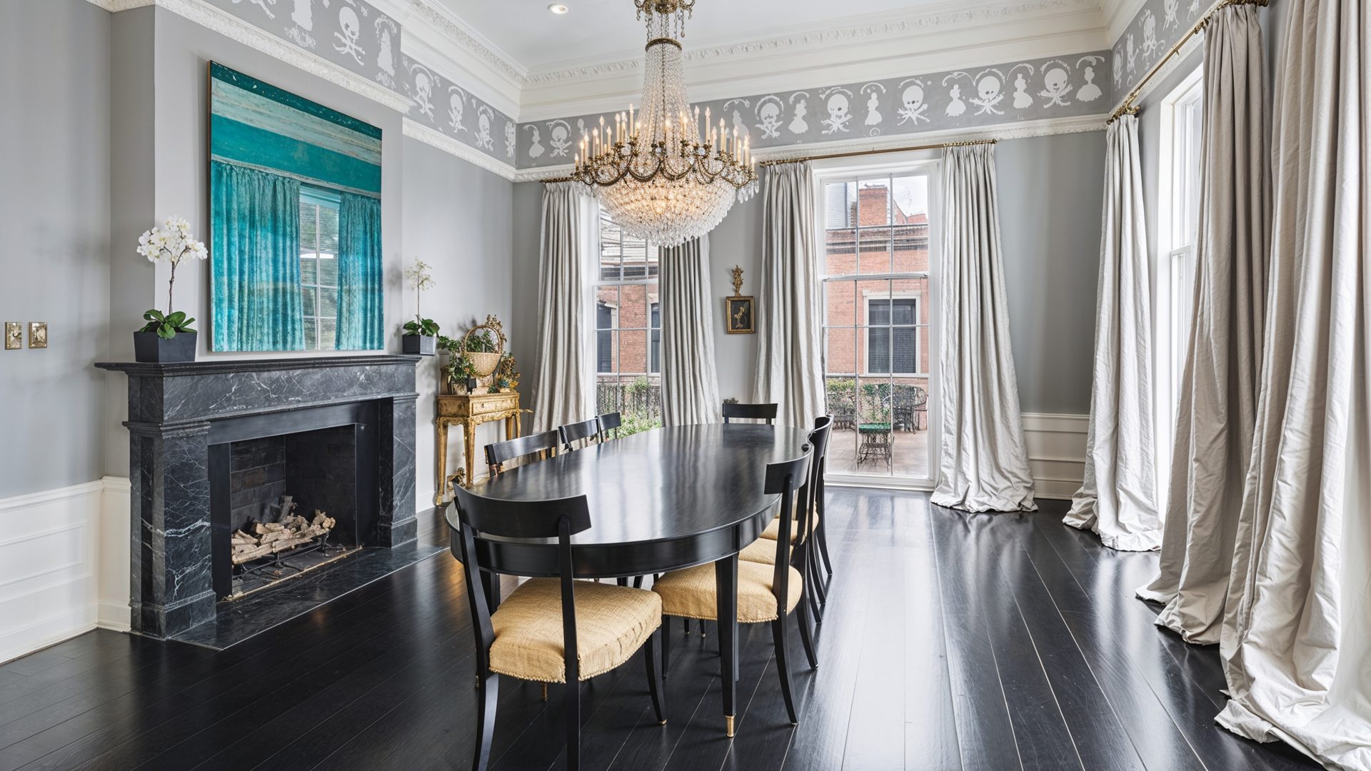 LaLaurie Mansion Dining Room Skull Wallpaper Crystal Chandelier New Orleans Gothic