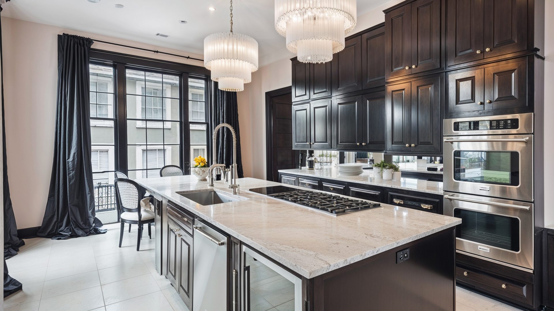 LaLaurie Mansion Kitchen Dark Cabinets Crystal Chandeliers New Orleans Design