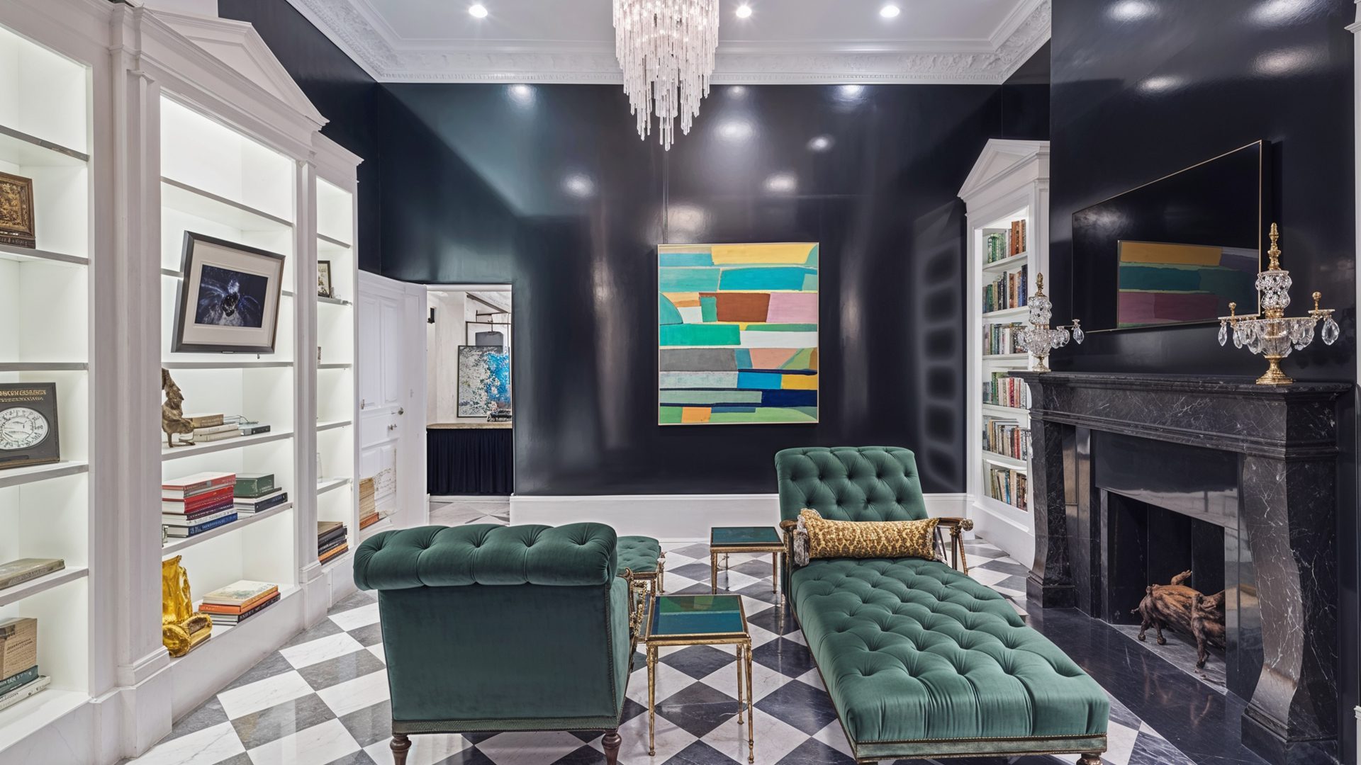 LaLaurie Mansion Library Green Chairs White Bookshelves French Quarter Study