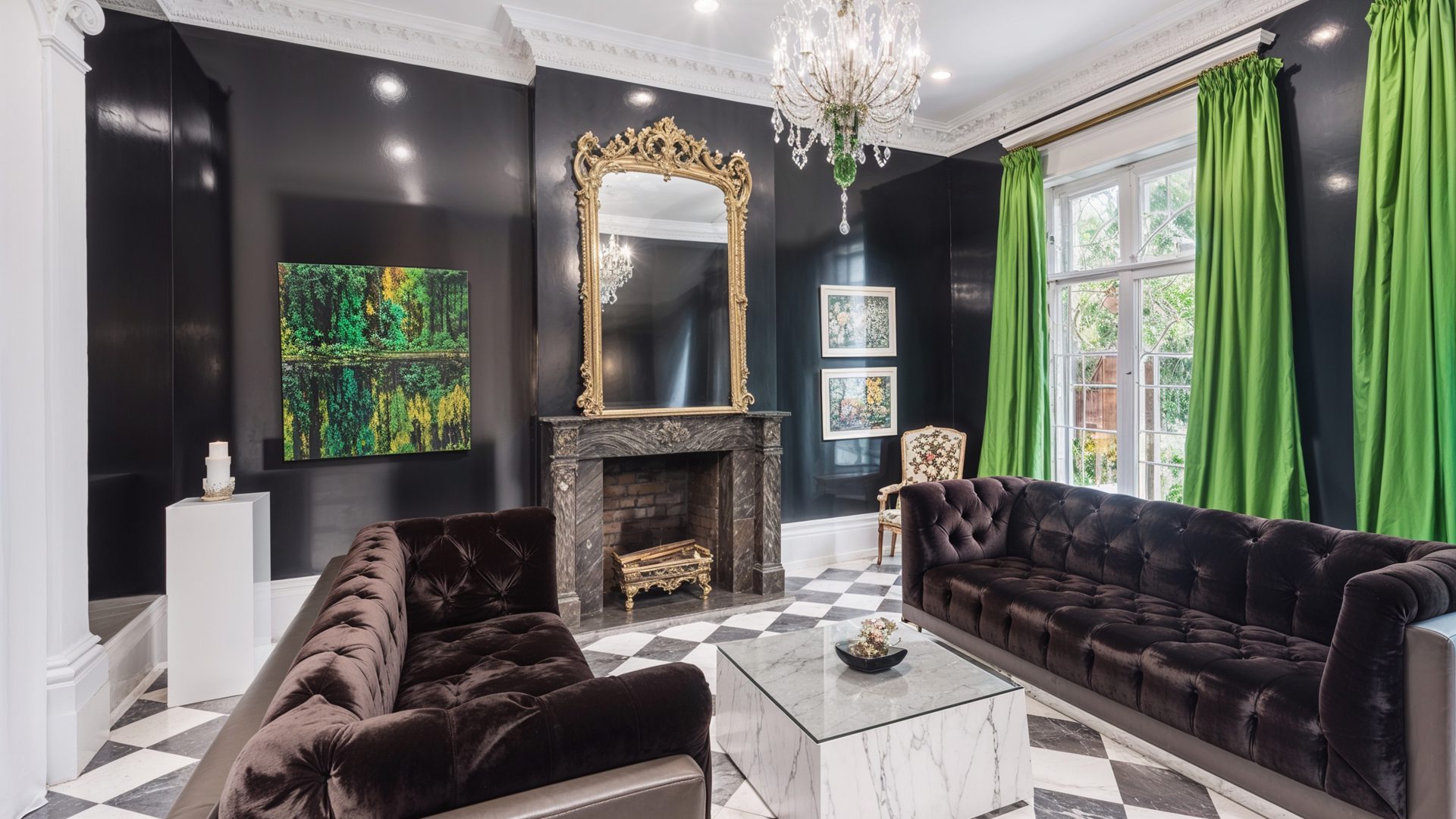 LaLaurie Mansion Living Room Black Walls Green Curtains New Orleans Interior